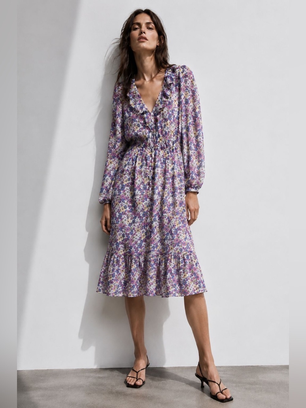 ModCloth Floral Ruffle Midi Dress – Size 12 – Purple Multi
